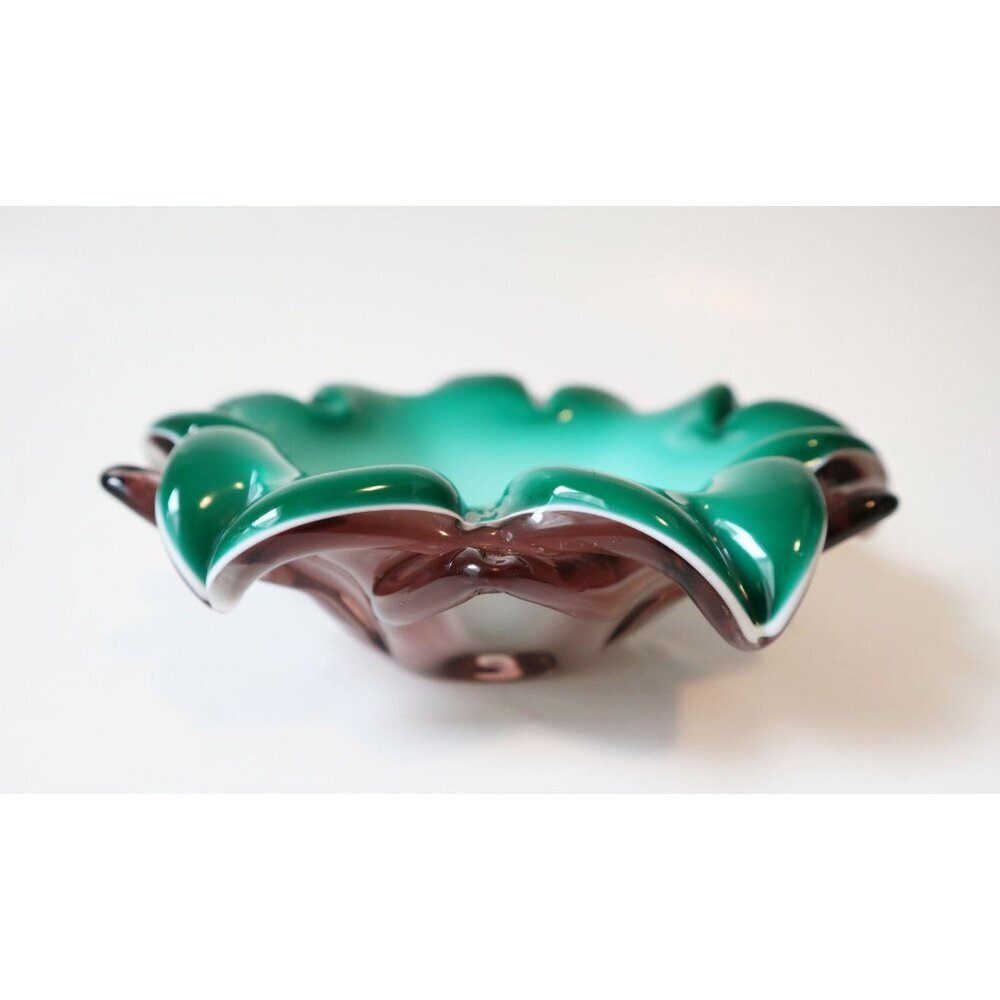 Vintage Murano Cased Glass Bowl Purple Green White Bowl  Mid Century Modern - Picture 2 of 7